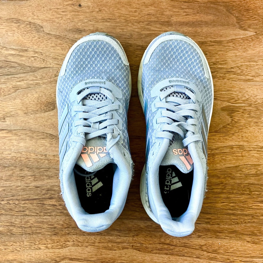 Adidas Girls’ Sneakers, size 12. Gray with coral logo. Lace up.